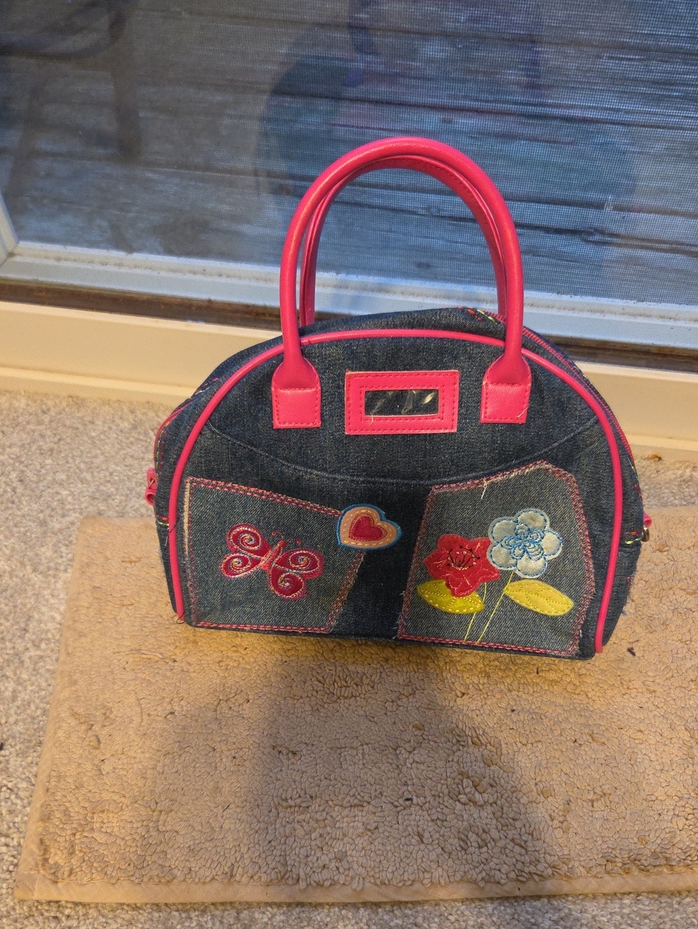 Childrens Place Denim Floral Patch Handbag with Pink Trim
